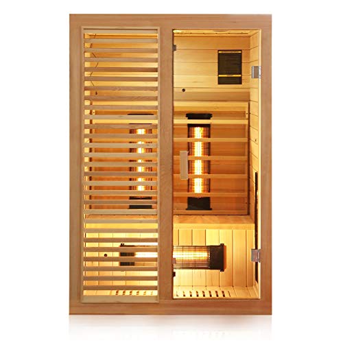 Dewello® Infrarotkabine Infrarotsauna Hamlin 130x105cm für 1-2 Personen aus Hemlock Holz mit Vollspektrumstrahler, Bodenstrahler, LED-Farblicht, Bluetooth, FM,MP3,USB