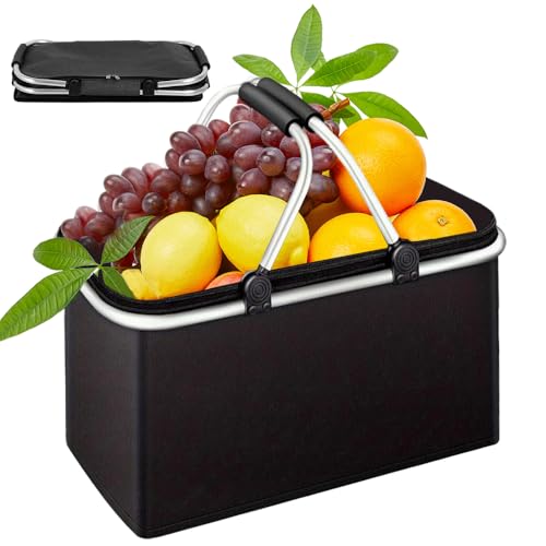 KUWUNG Einkaufskorb Faltbar, Einkaufskorb mit Deckel, Thermo Tragekorb mit Reißverschluss und Aluminiumgestänge Tragegriffen, Kühlkorb, Korb Einkaufen, für Picknick,Reisen,Strand,Angeln,Einkaufen