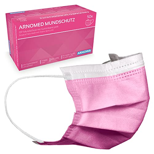 ARNOMED 50x Medizinische Mundschutzmaske Pink, CE Zertifizierte Op Maske, Medical Face Mask, Schutzmaske Mund & Nase, Einwegmasken, Chirugischer Mundschutz, Klinische Gesichtsmasken
