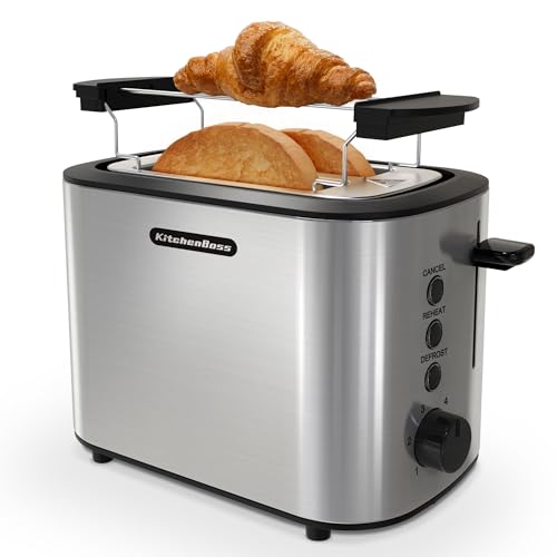 KitchenBoss Edelstahl-Toaster für 2 Scheiben：Toaster mit Brötchenaufsatz und Herausnehmbare Krümelschublade, 6 Bräunungsstufen, mit Abschaltautomatik, Auftaufunktion und Reheat-Funktion, 870W