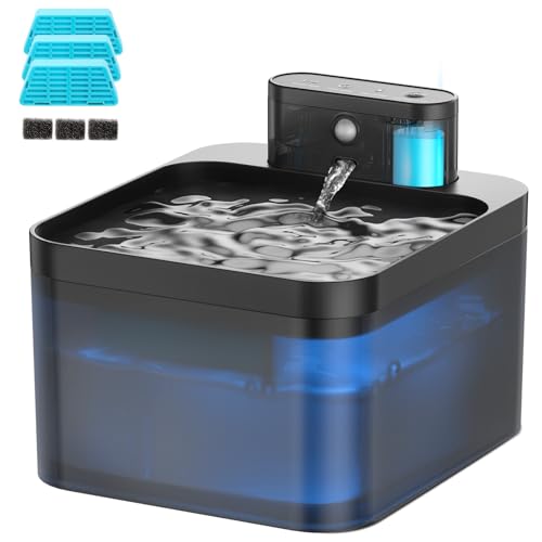 Katzenbrunnen Kabellos, 2.2L Trinkbrunnen für Katze, Katzentrinkbrunnen mit Bewegungsmelder, Automatischer Katzenbrunnen für Haustiere, Super Leiser Pumpe und Aktivkohlefilter, 3 Filter + 3 schwämme