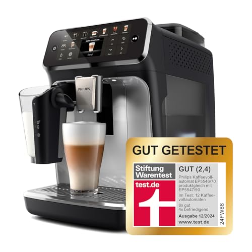 Philips Serie 5500 Kaffeevollautomat – LatteGo Milchsystem, 20 heiße und kalte Kaffeespezialitäten, 40% leiser mit SilentBrew, QuickStart, Schwarz und Silber (EP5546/70)