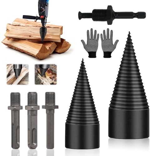 Holzspalter Bohrer 42mm + 32mm Mit 4 Bohrgriffe Handschuhe, Bohrkegel holzspalter Spaltbohrer, Schraube Kegel, Kegelspalter Bohrmaschine,Präzises & Schnelles für Haushalt Bohrmaschine