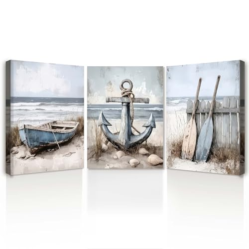 Leinwand Bilder 3er Set mit Rahmen – Moderne maritime Wandbilder, Kunstdruck auf Leinwand, Wandbild für Wohnzimmer, Schlafzimmer oder Flur, mit fixierten Haken und ohne Spuren Nägeln, je 30x40 cm