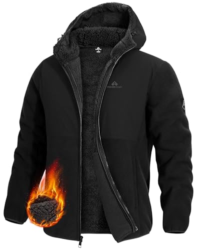 Pioneer Camp Sherpa Jacke Herren mit Kapuze Gefütterte Fleecejacke für Winter atmungsaktiv winddicht Outdoor Jacke mit 4 Taschen für Freizeit Arbeit(New Black;L)