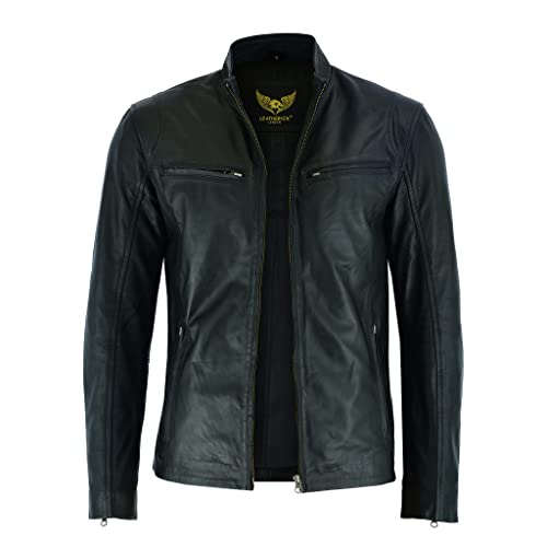 Leatherick Herren Premium Nappa Schafsleder Cafe Racer Schwarze Bikerjacke (DE/NL/SE/PL, Alphanumerisch, M, Regular, Regular, Jacket Black Hooper Style)