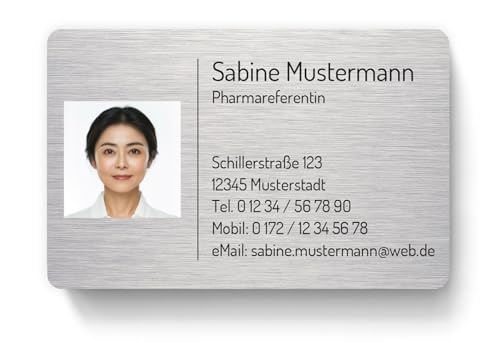 100 Visitenkarten, laminiert, mit eigenem Foto/Logo, inkl. Kartenspender - Design Alu