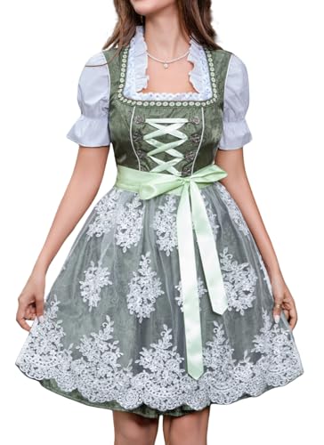 Abaowedding Dirndl Damen Midi Trachtenkleid Trachtenmode Trachtenrock 3 Teilig Dirndlkleid inkl. Spitzendirndlschürze Dunkelgrün Kleid und Bluse(S)