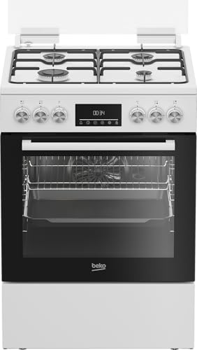 Beko FBM62320WDSL Freistehender Herd, Multifunktionsofen mit Gaskochfeld, 72 l Garraum-Volumen, 4 Kochzonen, 8 Heizarten, Seitengitter, Multifunktionsdisplay, Weiß