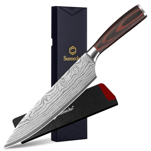 Sunnecko 20cm Messer Küchenmesser Kochmesser - Küchenmesser Profi Messer Scharfes Chefmesser Edelstahl Fleischmesser mit Pakkaholz Griff Allzweckmesser Scharf Klinge mit Geschenkbox für Weihnachten