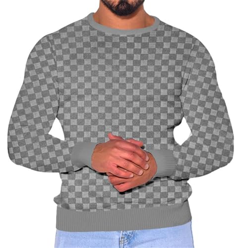 Strickpullover Herren Schachbrettmuster Knit Sweater Herren Stretch Slim Fit Rundhals Langarm Pulli Komfortabel Warm Basic Sweater Herren A-Grey M