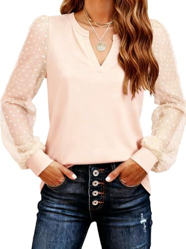 Pawate Spitzen Oberteile Damen Bluse elegant Langarm Shirts Herbst Tunika Tops (Aprik/M)