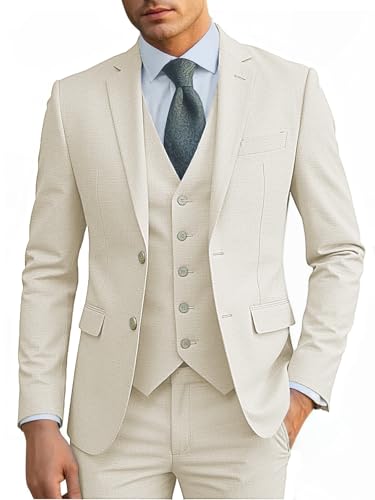 Elionm Anzug für Herren, schmale Passform, formelle Herrenanzüge, 3-teilig, Jacke, Weste, Hose, Hochzeit, Abschlussball, Herren-Smoking-Anzug-Set, Beige, M