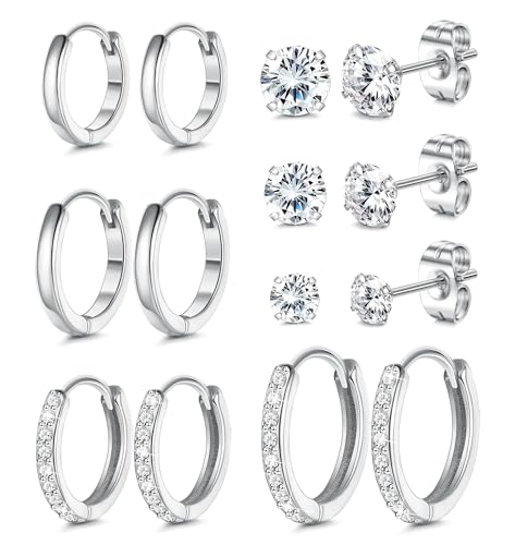 Ohrringe Silber, 316L Chirurgenstahl Steckerstift Ohrstecker & Creolen Silber Set | 18K Vergoldetes Hypoallergene Cubic Zirkonia Ohrstecker & Knorpel Ohrring Huggie Creolen Klein für Damen, 7 Paar