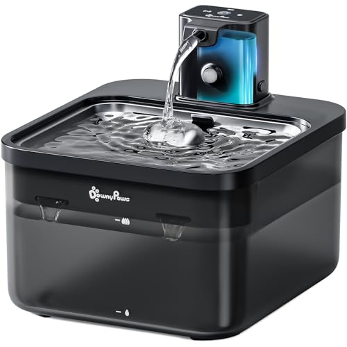 DownyPaws 2.5L Trinkbrunnen für Katze Kabellos, Katzenbrunnen Kabellos mit Bewegungsmelder, Batteriebetrieben Katzentrinkbrunnen, 4000mAh, Leise Wasserpumpe, Tablett aus Edelstahl für Katze, Schwarz