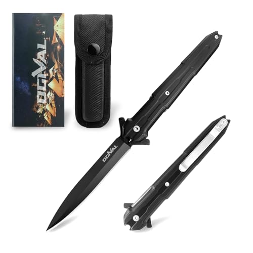 Ogival Klappmesser, Einhandmesser mit Nylonscheide und Taschenclip, Taschenmesser mit Edelstahlgriff, für Camping, Wandern, Schwarz