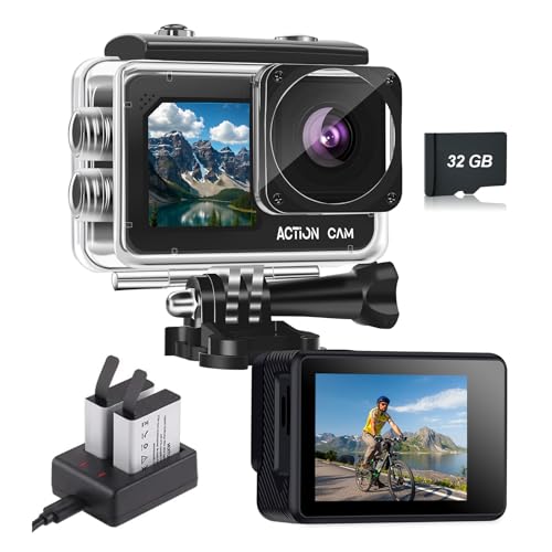 Nvgfelis Action cam mit 32G Karte Dual actionkameras,Unterwasserkamera mit 2×1050 mAh wiederaufladbare Akkus und Zubehör-Set(N300+32GB Karte)