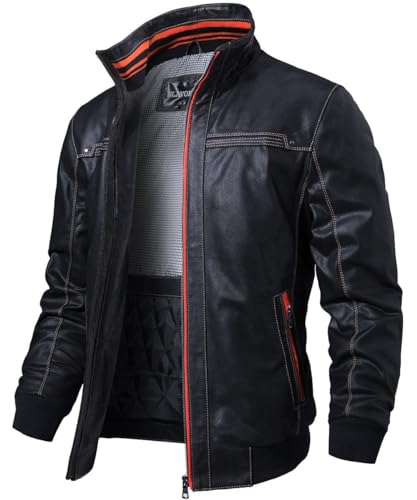 FLAVOR Herren Echtes Leder Lederjacke Stehkragen Jacken (L, Schwarz)