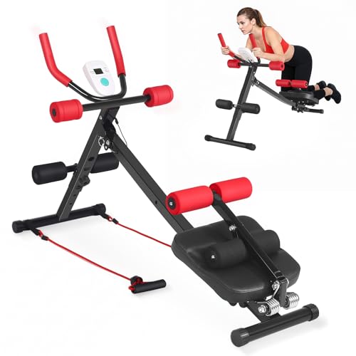 Bauchtrainer für Zuhause & Multifunktions-Bauchmuskeltrainer 5-stufig Verstellbar, Klappbar, Ganzkörpertraining für Bauch, Arme, Rücken, Beine & Po | mit LCD-Display, 150 kg Belastbarkeit