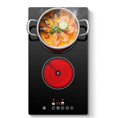 SNDOAS Glaskeramikkochfeld 2 Platten, 2 Platten Kochfeld mit Secker, 3000W Eingebaut Cerankochfeld 29cm, Ceranfeld 2 Platten mit 9 Heizstufen, 1-99 Min Timer, Touch-Control, Kindersicherung, Schwarz