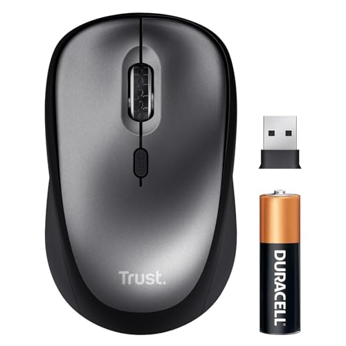 Trust Leise Funkmaus mit Batterie für Rechts- und Linkshänder, 800-1600 DPI, 83% Recyclingkunststoff, Verstaubarer USB Mikroempfänger, Kompakte Maus Kabellos für Laptop, PC, Mac - Schwarz