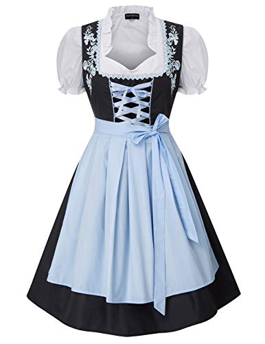 SCARLET DARKNESS Damen Trachtenkleid 3tlg Oktoberfest Dirndl Kleid Damen 3tlg Kleid Bluse Schürze 2XL Schwarz und Hellblau