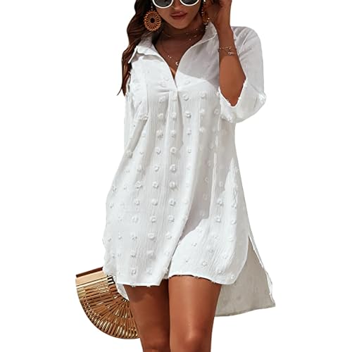 Figarge Strandkleid Damen Bikini Cover Up V-Ausschnitt Baumwolle Strandtunika Sommer Pareos Button Down Strandponcho Badeanzug Strand (DE/NL/SE/PL, Alphanumerisch, M, Regular, Regular, Weiß)