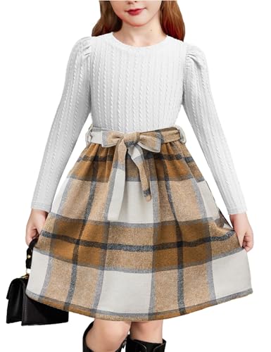 Arshiner Kleider für Mädchen Puff Langarm Herbst Winter Kleid Kinder Rippstrick Kariert Patchwork Festlich Freizeitkleid Prinzessinkleid Weiß/Braun kariert 130 7-8 Jahre
