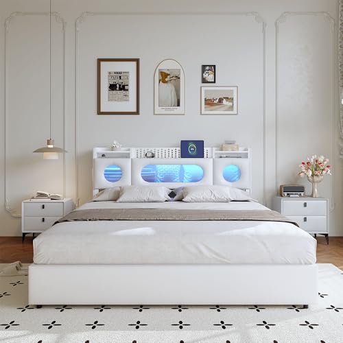 Boxspringbett 160x200 mit Stauraum, Weiß Polsterbett Jugendbett mit USB/Type-C & LED-Beleuchtung, Versteckter Kopfteil-Stauraum & Lattenrost, Hydraulisch Doppelbett für Schlafzimmer(Ohne Matratze)