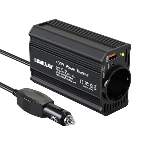 400W Auto Spannungswandler Wechselrichter DC 12V to AC 230V mit 2 Steckdosen und PD65W USB-C,USB Ports Schnelles Aufladen KFZ Ladegerät mit Zigarettenanzünderstecker für Geschaeftsfahrten und Urlaub