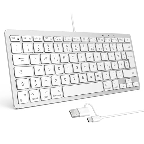OMOTON Kabelgebundene-Mac-Tastatur, Tastatur Kabel mit Dualem Anschluss (Type C/USB), Flüsterleise Tasten & Stabiler Verbindung, Deutsches Layout (QWERTZ) kompatibel mit MacBook, iMac, Mac mini