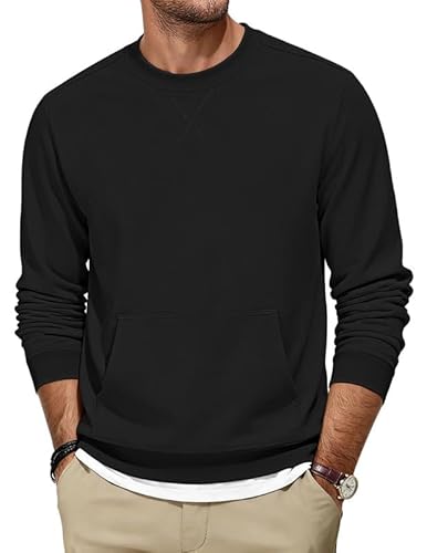 TARAINYA Sweatshirt Herren Pullover Baumwolle Sweatshirts Ohne Kapuze Winter mit Taschen Schwarz L