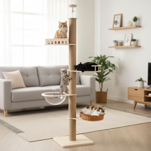 Kratzbaum, 5 Etagen Katzenbaum vom Boden bis zur Decke, höhenverstellbare Katzenkratzbaum(255-270cm), Kletterbaum Katze mit Geländern & Sisalsäulen, Katzenturm mit Raumkapsel & Rattankorb