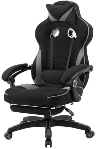 WOLTU Gaming Stuhl Stoff Stoff Kühl im Sommer Ergonomischer, 150 kg Belastbarkeit,Verstellbarer Rückenlehne, Ergonomische Lendenstütze, Fußstütze, Büro- & Game-Sessel, Schwarz+Grau