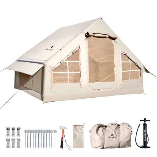 Inflatable Camping Tent with Air Pump, Glamping Outdoor Tent for 2-4 People, 300 x 210 x 200cm Waterproof & Windproof Oxford Cabin Tent with Mesh Window & Doors 4 Seasons (Beige)