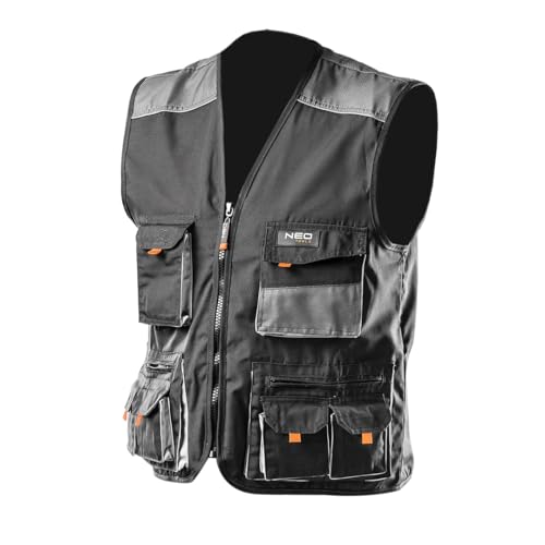 NEO TOOLS Weste Arbeitsweste Größen S-XXL | Grau/Schwarz, Arbeitsbekleidung Berufskleidung, Weste aus starkem Oxford-Stoff, Reflexionsweste (L)