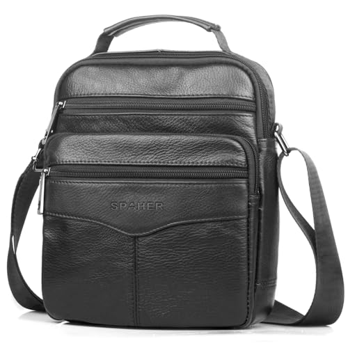 SPAHER Umhängetasche Leder Herren Groß Crossbody Bag Messenger Bags Herrentasche Schultertasche Echtes Leder Handgelenktasche Herren Schultertasche Geschenk für Männer