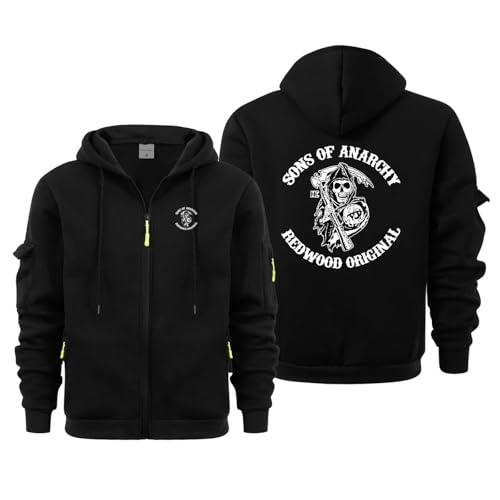 ZQSLFCCW Leichter Kapuzenpullover mit Reißverschluss für Herren - Pulloverjacke für Anarchy Sons aus weichem Fleece mit Kängurutasche Atmungsaktive bequeme Passform und Herbstkleidung(Black,L)
