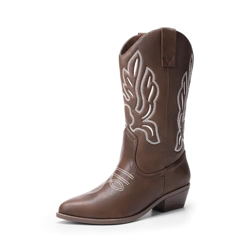 DREAM PAIRS Damen Cowboystiefel Halbhohe Cowgirlstiefel Stickereien Westernstiefel Fashion Herbststiefel Boots,Size 39,Braun-Pu,DWUMMB2419