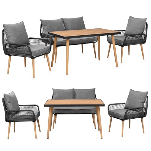 Swing&Harmonie® Gartenmöbel Lounge-Set „Sienna“ – Sitzgruppe mit Tisch, Sofa, Sesseln & Stühlen – wetterfest – Seilgeflecht – WPC-Tischplatte – Outdoor Essgruppe (anthrazit/Holz, 4 Personen)