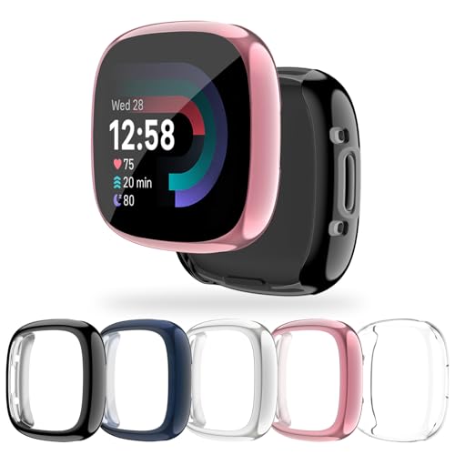 AK für Fitbit Versa 4 Hülle/Fitbit Sense 2 Hülle, 5 Pack TPU Schutzhülle mit Schutzfolie für Versa 4/Sense 2 Smartwatch Zubehör Vollständige Abdeckung Schutz Displayschutz
