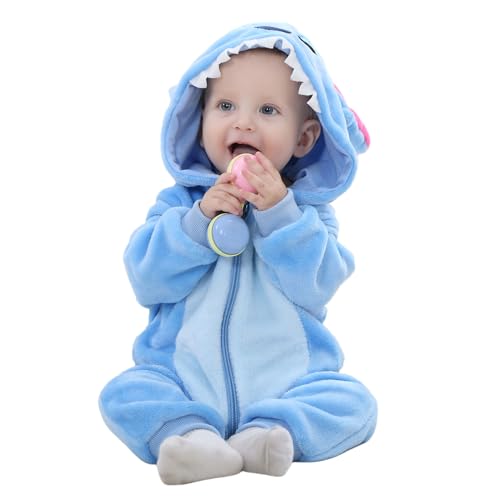 Baby Strampler Winter Warm Flanell mit Dinosaurier Einhorn Kostüme - Overall Schlafanzug Kapuze Reißverschluss, Kinder Pyjamas Schlafsack mit Ärmel Füßen Blau 0-36 Monate