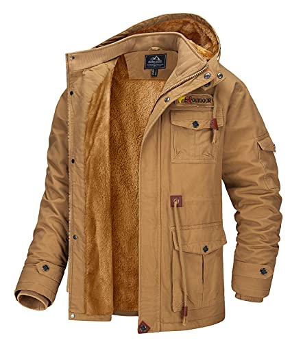 MAGCOMSEN Herren Winter Dick Parka Taktische Feldjacke Armee Jacken Herren Cargo Baumwolljacke Warm Windjacke Wandern Jacke mit Mehrfachtasche Khaki L