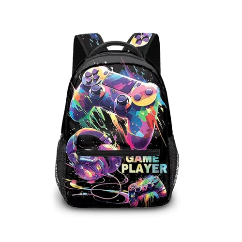 Komergave Schulrucksack Teenager Rucksack für Jungen, Schulranzen Jungen mit Gamer Motiv, Wasserdichte Schultaschen für Schule, Reisen und Täglicher Gebrauch, Leichtgewicht Game School Bag