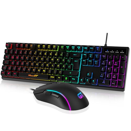 RaceGT Maus und Tastatur Gaming Büro, Tastatur Kabel RGB Beleuchtet LED Hintergrundbeleuchtung Wasserdicht 104 Tasten, Kabel Maus mit 7 Tasten 6400 DPI für PC Gamer Laptop QWERTZ (DE-Layout)