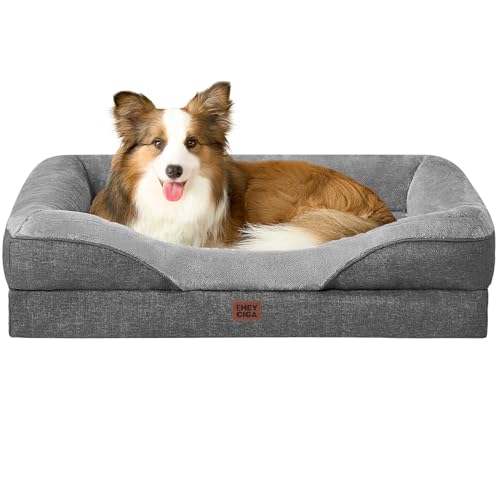 EHEYCIGA Orthopädisches Hundebett Mittelgroße Hunde, 91x68x17.5cm, Memory Foam Waschbar und Wasserdicht Hundekorb mit 4 Rändern, Hundesofa Hundecouch rutschfest, Grau