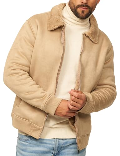 behype. Herren Blouson-Jacke als Weiche Übergangsjacke - Piloten Bomberjacke in Leder-Optik mit Teddy-Fleece für Männer - Men's Jacket OR_1270-Beige-L