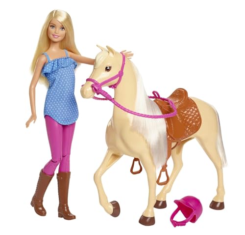 Barbie-Puppe und Pferdespielzeug, Reitzubehör, 1 Puppe und 1 Pferd enthalten, als Geschenk für Kinder ab 3 Jahre geeignet, FXH13