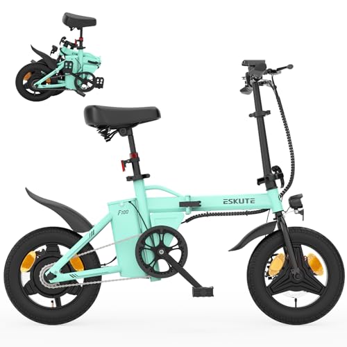 ESKUTE F100 E-Bike Klapprad, 14 Zoll Elektrofahrrad mit USB-Ladeanschluss für Handy, 250W EU-konformes Elektrofahrräder, Integrierter 36V 9Ah Akku, Reichweite bis 35-60KM, Blaugrün