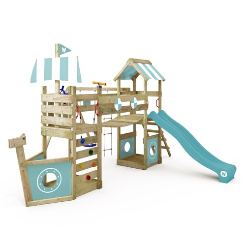 WICKEY Spielturm Klettergerüst StormFlyer mit Schaukel & Rutsche, Outdoor Kinder Kletterturm mit Sandkasten, Leiter & Spiel-Zubehör für den Garten (Pastellblau)